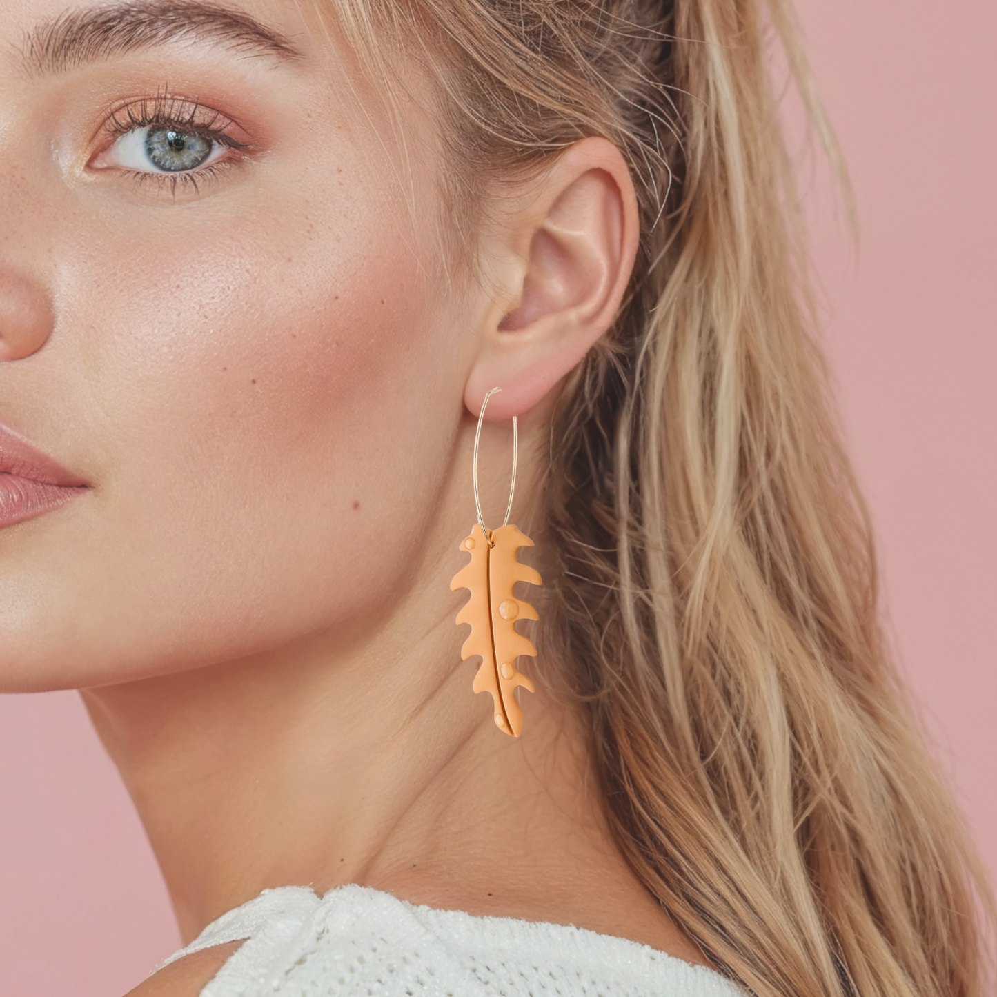 Marigold Dewey Leaf Dangle Earrings, Handmade Lightweight Statement Jewelry, Polymer Clay Clip On