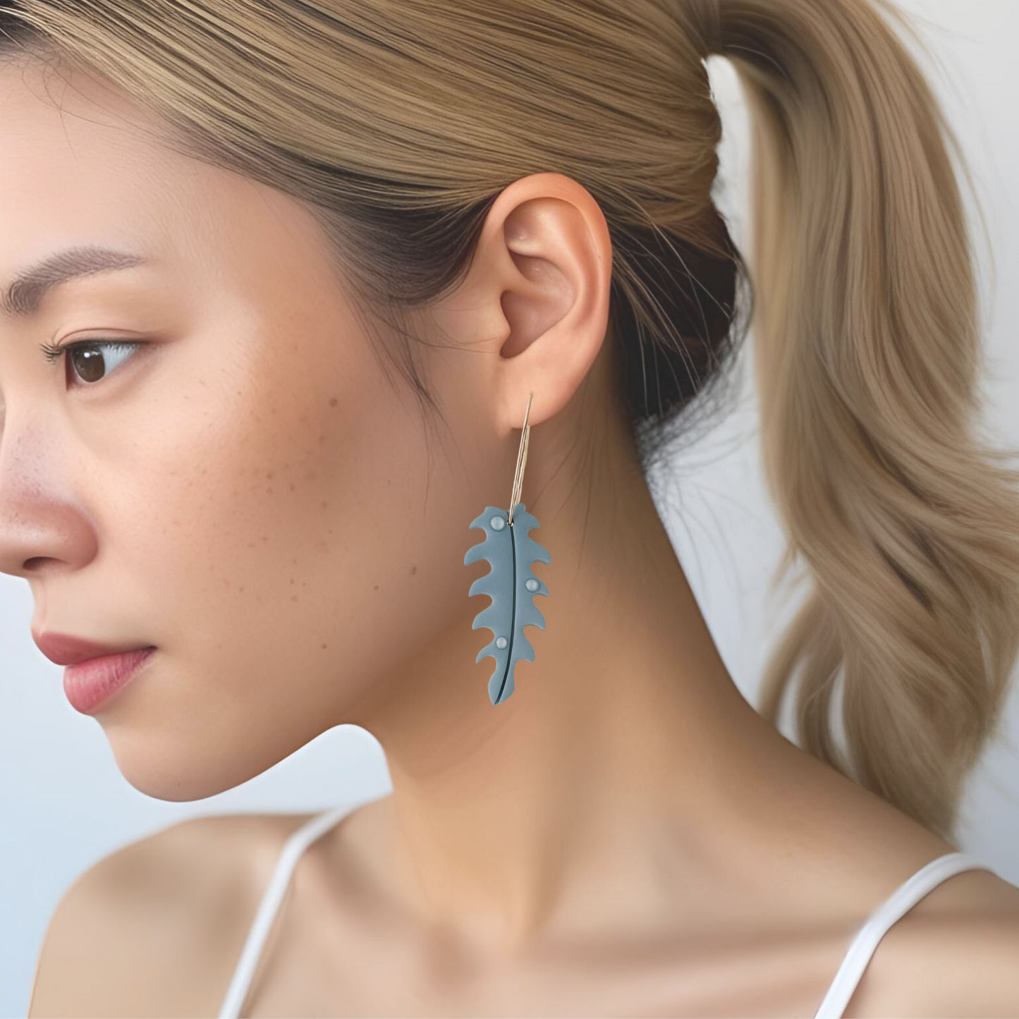 Slate Blue Dewey Leaf Dangle Earrings, Handmade Lightweight Statement Jewelry, Polymer Clay Clip On