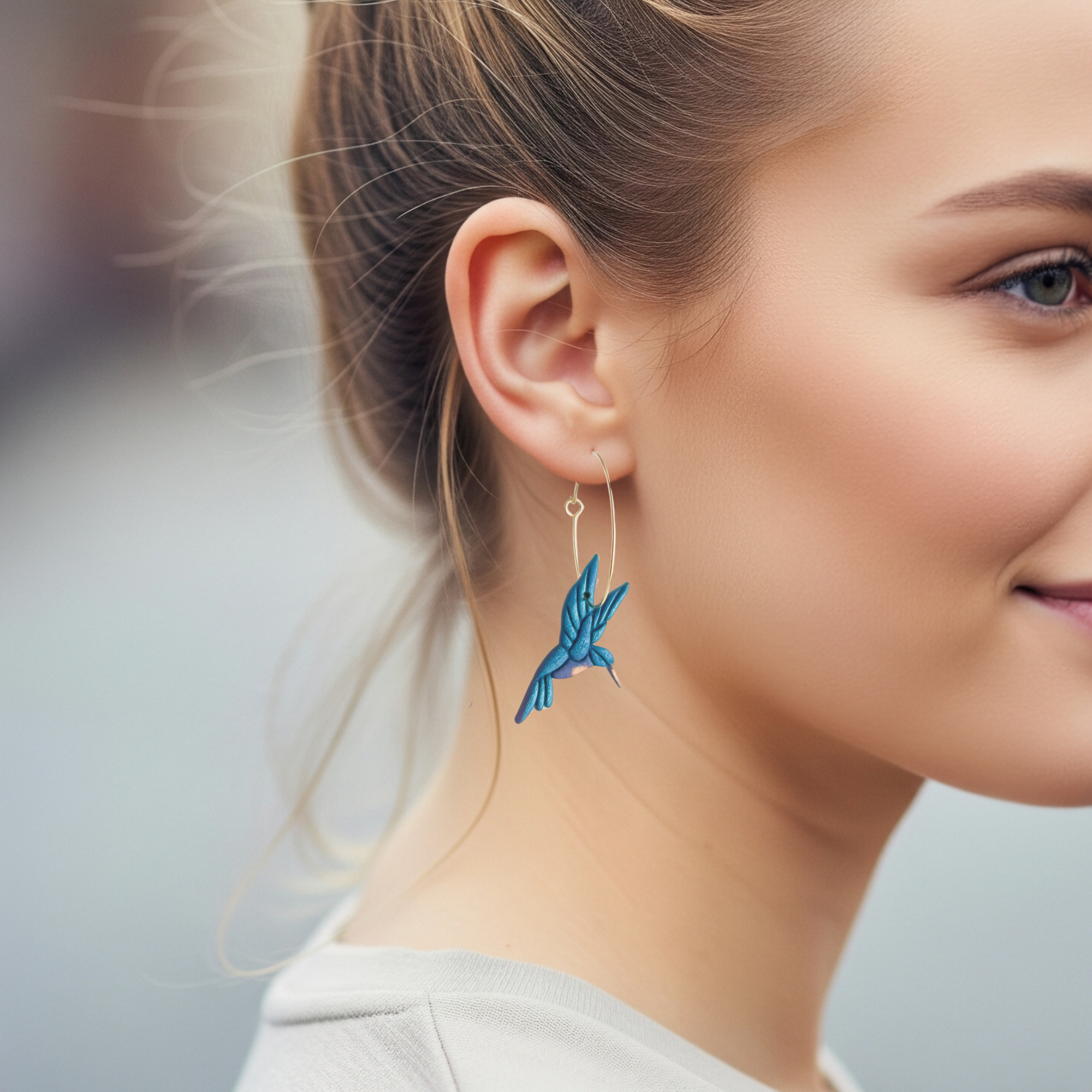 Humming Bird Dangle Hoop Earrings | Handmade Polymer Clay Jewelry | Whimsical Earrings Clip On