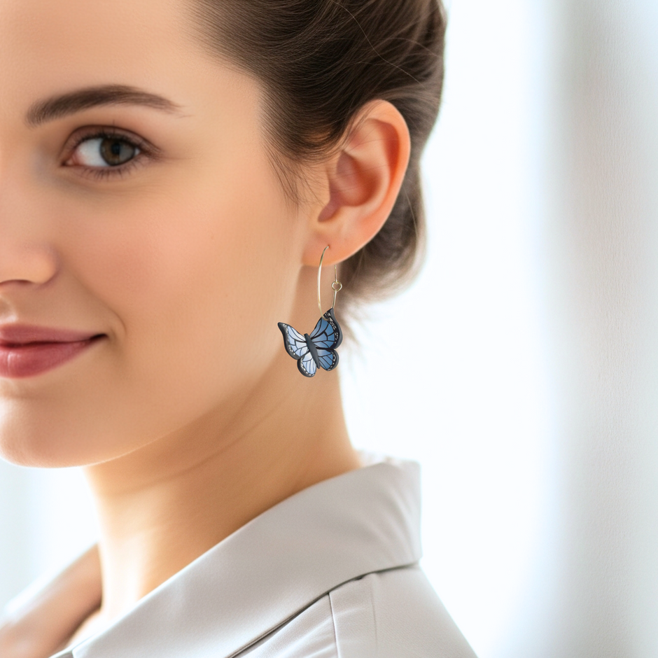 Blue Monarch Butterfly Hoop Earrings Gold | Whimsical Polymer Clay Jewelry | Handmade Butterfly Clip On Insect Earrings
