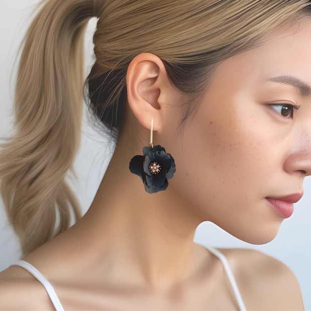 Large Black Flower Dangle Earrings | Lightweight Polymer Clay Statement Jewelry | Boho Flower Chic Clip-On Earrings Option