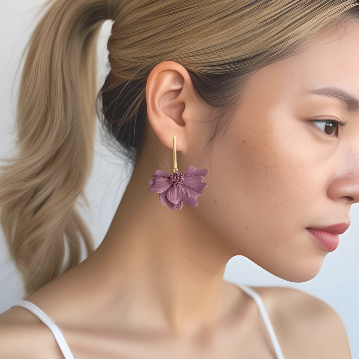 Purple Cosmos Flower Dangle Earrings, Polymer Clay Jewelry, Handmade Floral Chic Earrings, Lightweight Hypoallergenic Earrings Gold