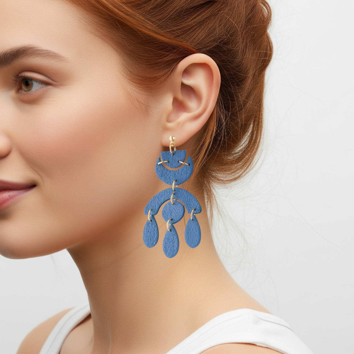 Chic Denim Blue Dangle Geometric Earrings, Lightweight Statement Jewelry, Polymer Clay Clip On Earrings