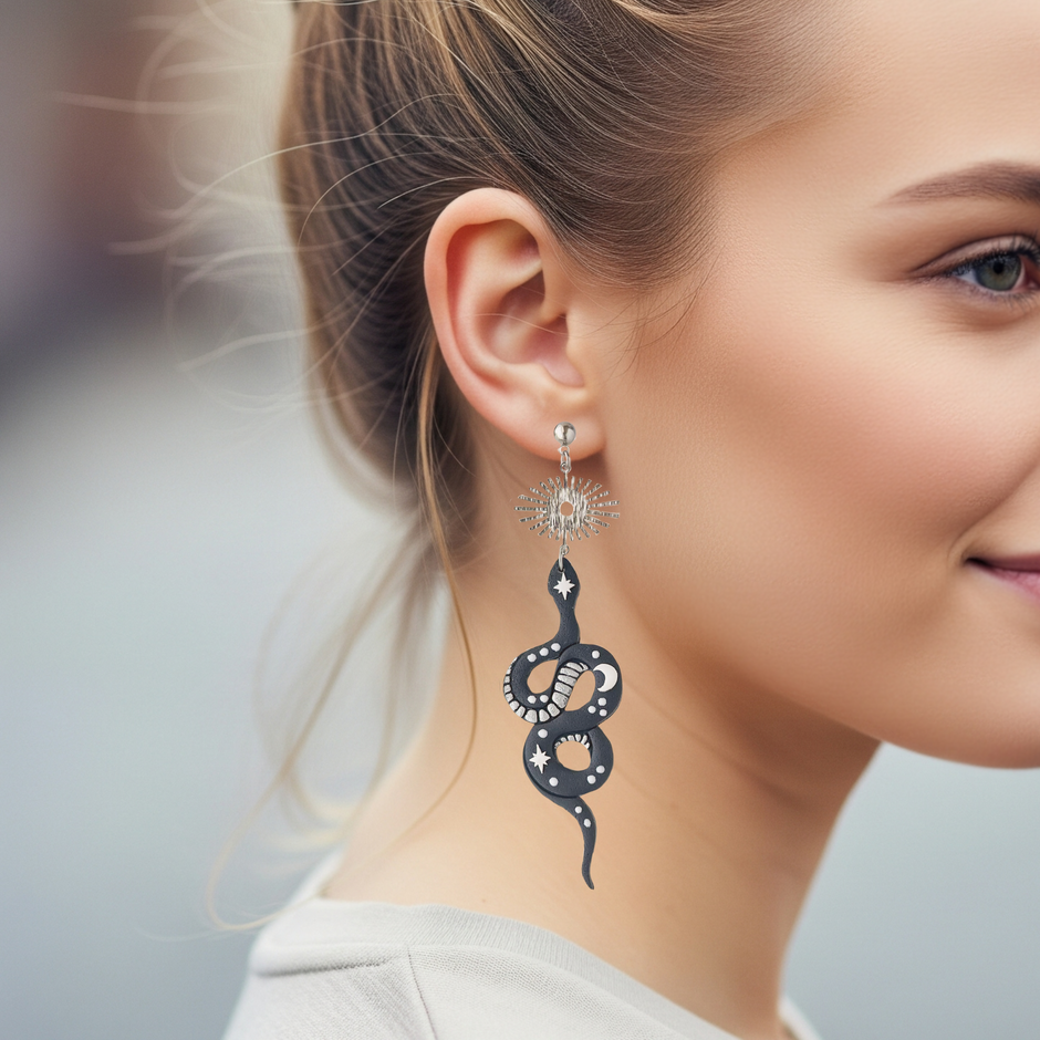 Bold Handmade Black Snake Earrings | Unique Edgy Statement Jewelry | Boho Chic Clip-On Earrings Option