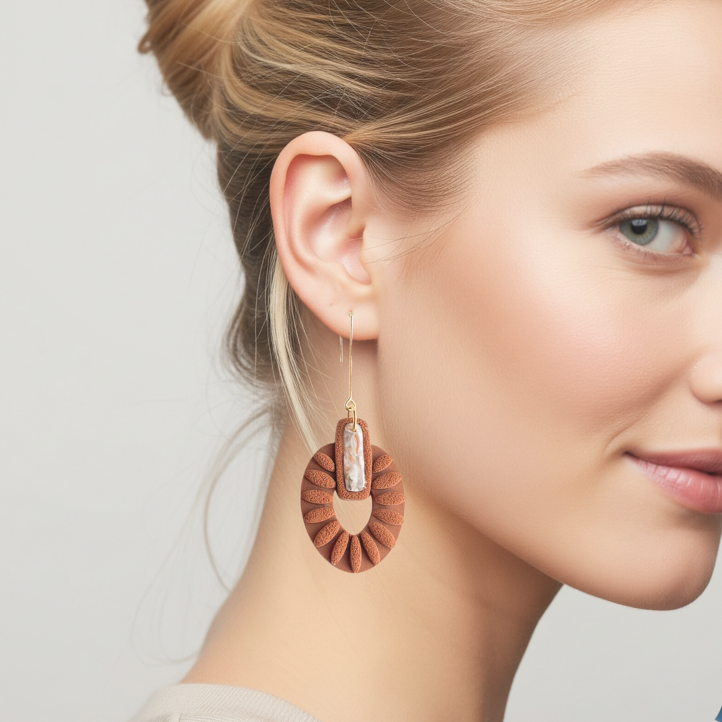 Terracotta & Marble Statement Earrings, Southwestern Dangle Clay Jewelry, Boho Chic Earrings, Clip On Earrings Option