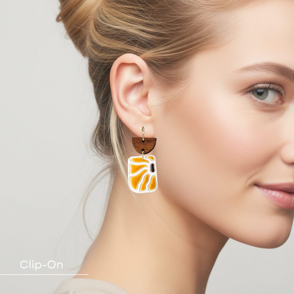 Abstract Sunflower Dangle Earrings | Lightweight Polymer Clay Jewelry | Modern Surgical Steel Earrings | Clip On Option