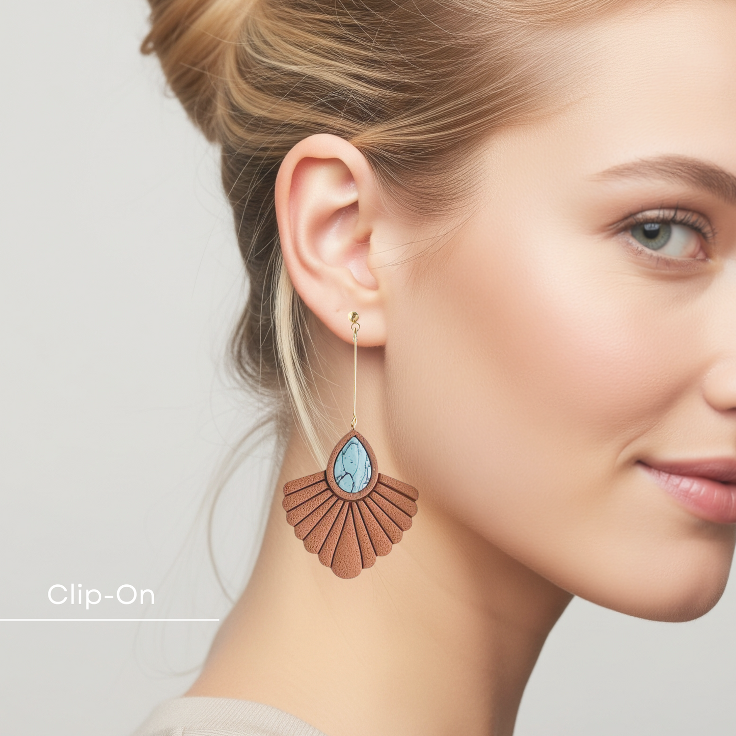 Western Turquoise Polymer Clay Earrings In Brown, Lightweight Boho Dangle Earrings, Handmade Clip On Statement Jewelry