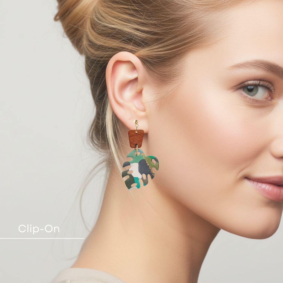 Shades Of Green Monstera Statement Earrings | Lightweight, Hypoallergenic Polymer Clay Jewelry | Boho Chic Clip-On Earring Option