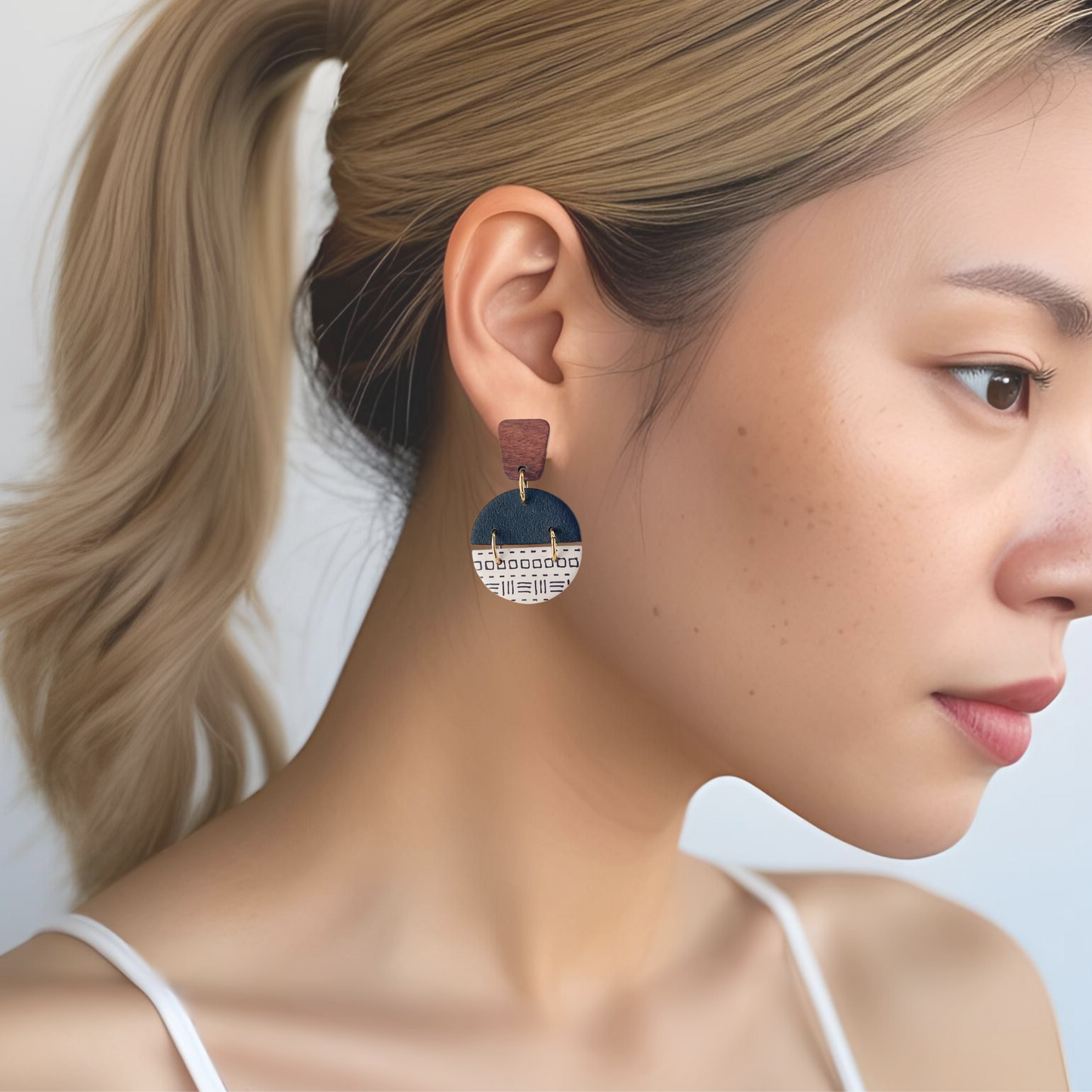 Neutral Circle Dangle Earrings: Boho Lightweight Clay Jewelry, Hypoallergenic Stainless Steel Accessories, Clip On Earring Option