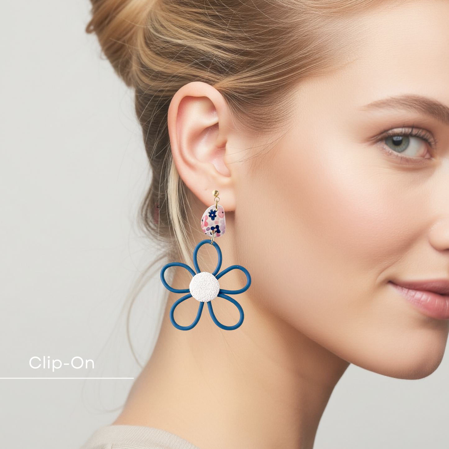 Denim Blue Funky Flower Earrings, Lightweight Polymer Clay Dangles, Handmade Clip On Earring Option