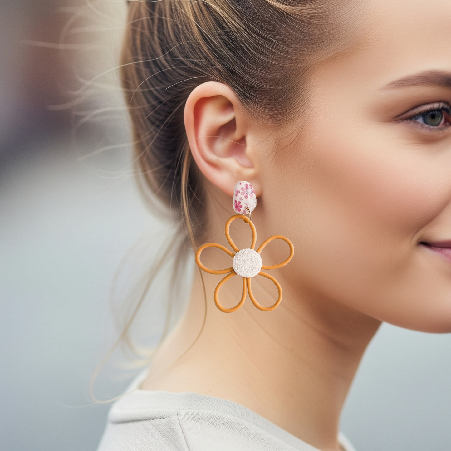Marigold Yellow Funky Flower Earrings, Lightweight Polymer Clay Dangles, Handmade Clip On Earring Option