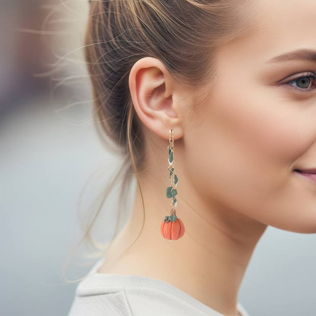Boho Pumpkin Dangle Earrings: Lightweight Fall Accessories, Halloween Polymer Clay Jewelry, Autumn Clip-On Earring Option