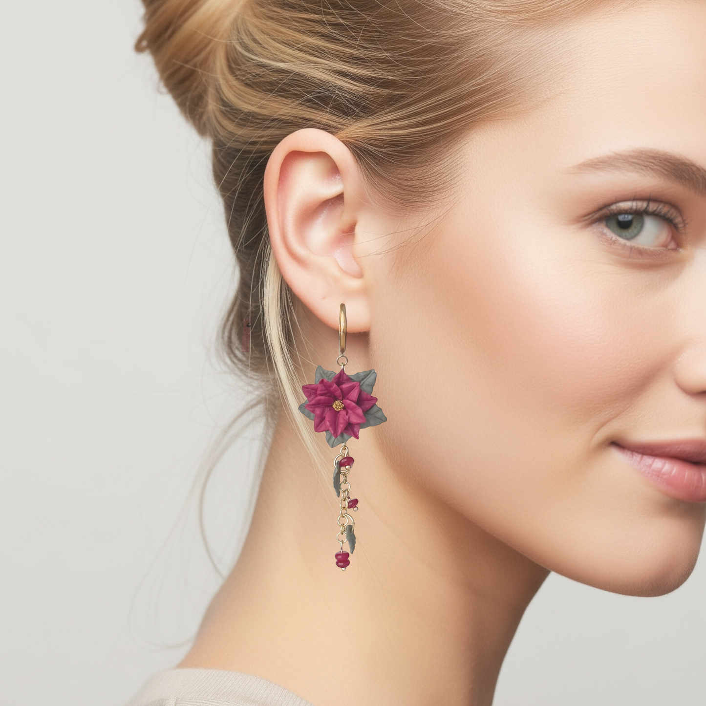 Poinsettia Christmas Earrings: Lightweight Polymer Clay Jewelry, Handmade Hypoallergenic Earrings, Clip On Option
