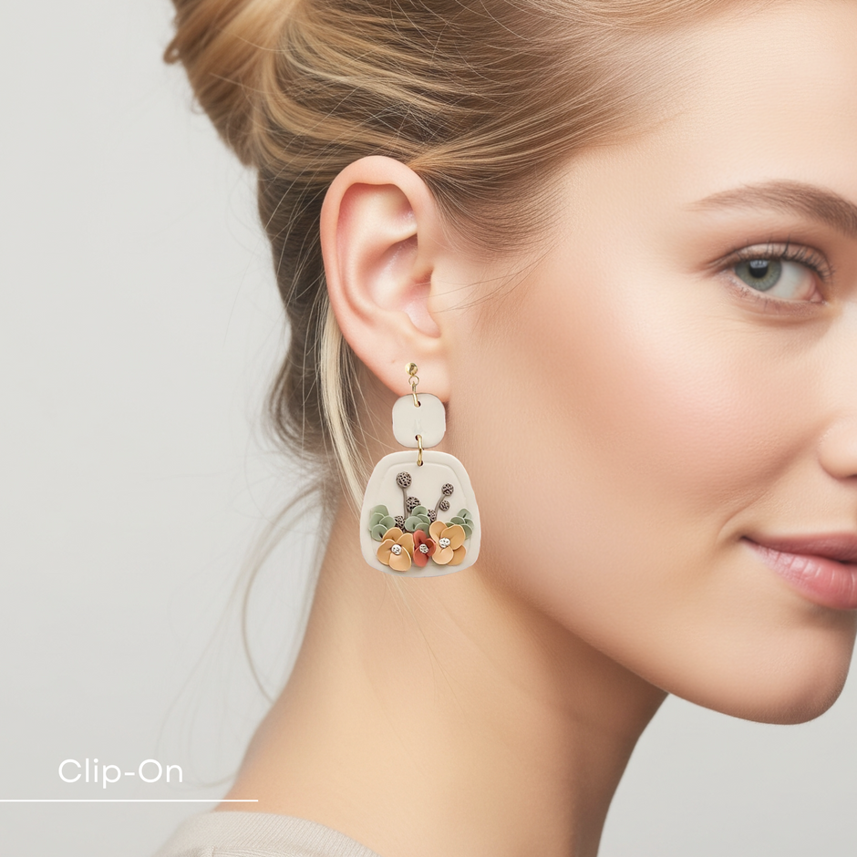 Floral Dangle Earrings | Cottagecore Polymer Clay Jewelry | Hypoallergenic Accessories | Clip-On Earrings Option