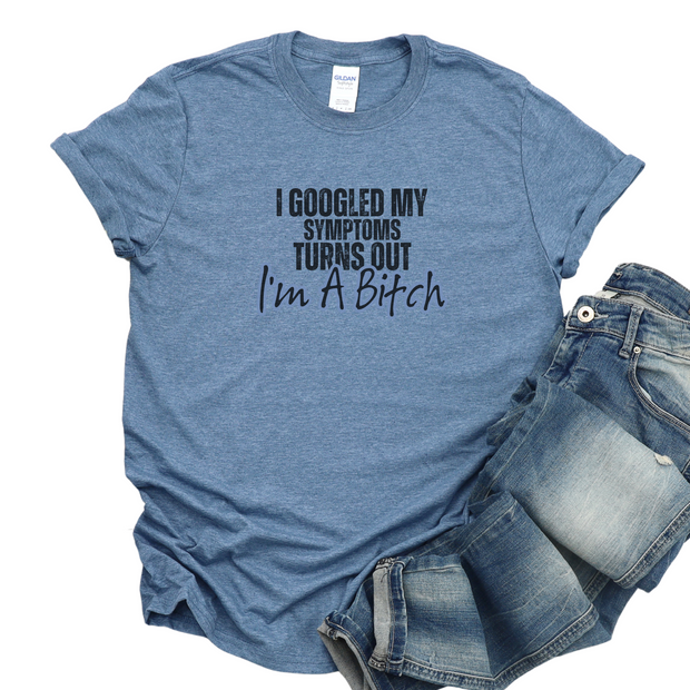 Blue t-shirt with text and denim shorts on a white background