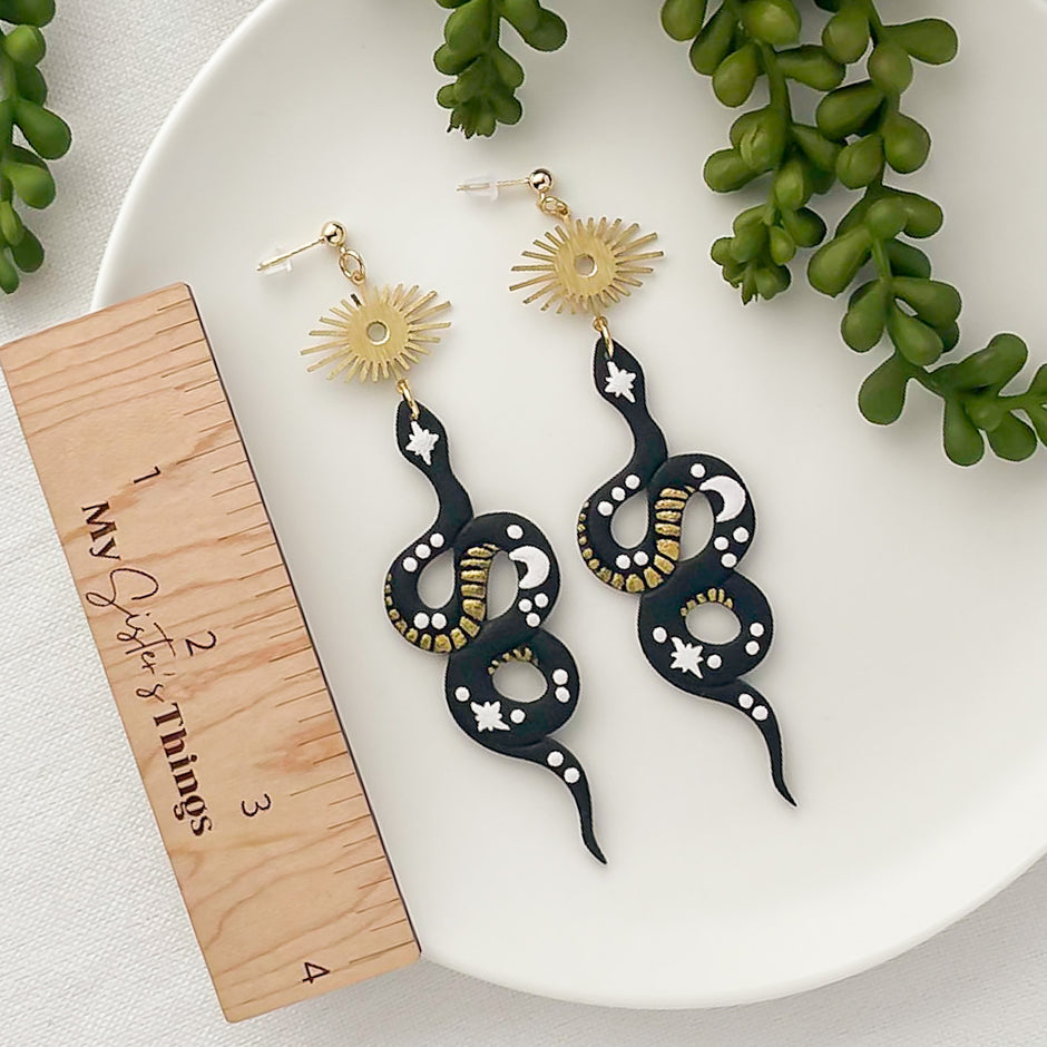 Bold Handmade Black Snake Earrings | Unique Edgy Statement Jewelry | Boho Chic Clip-On Earrings Option