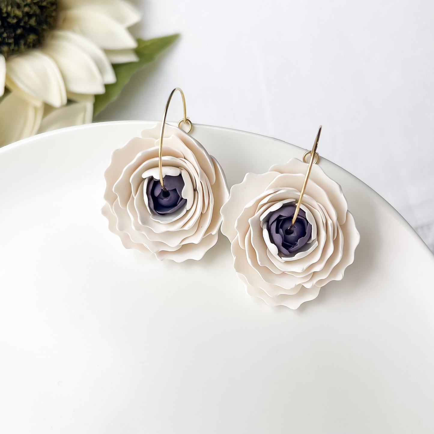 White and Purple Ranunculus Floral Statement Earrings