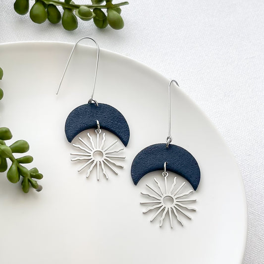 Midnight Blue Crescent Moon Earrings - Unique Handmade Statement Jewelry | Edgy Boho Chic Artisan Earrings | Fashion Forward