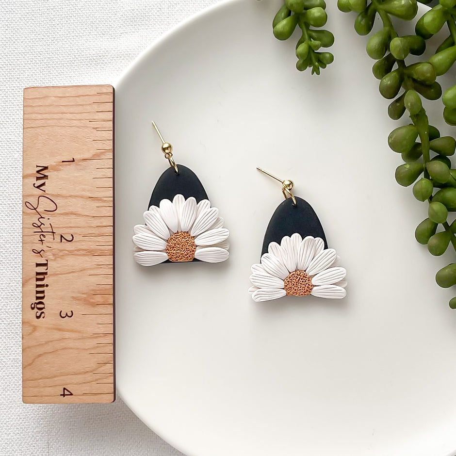 Handmade Daisy Earrings | Unique Boho Chic Statement Jewelry | Artisan-Made Polymer Clay Clip-On Earrings Option