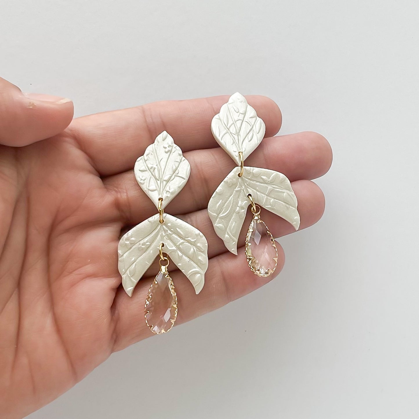 Shanique Edgy Handmade Bridal Earrings - Unique Statement Jewelry with Pearl White Polymer Clay & Faceted Glass Charm | Boho Chic & Alternative Fashion | Handmade in Limited Edition