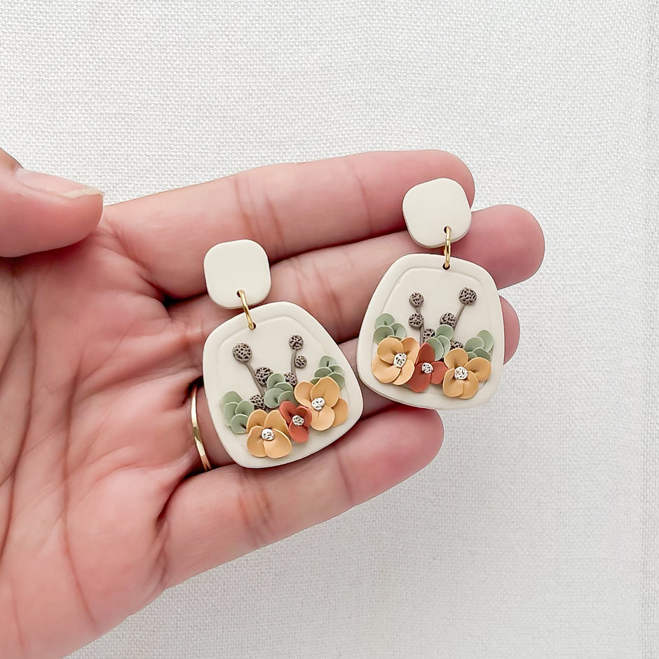 Floral Dangle Earrings | Cottagecore Polymer Clay Jewelry | Hypoallergenic Accessories | Clip-On Earrings Option