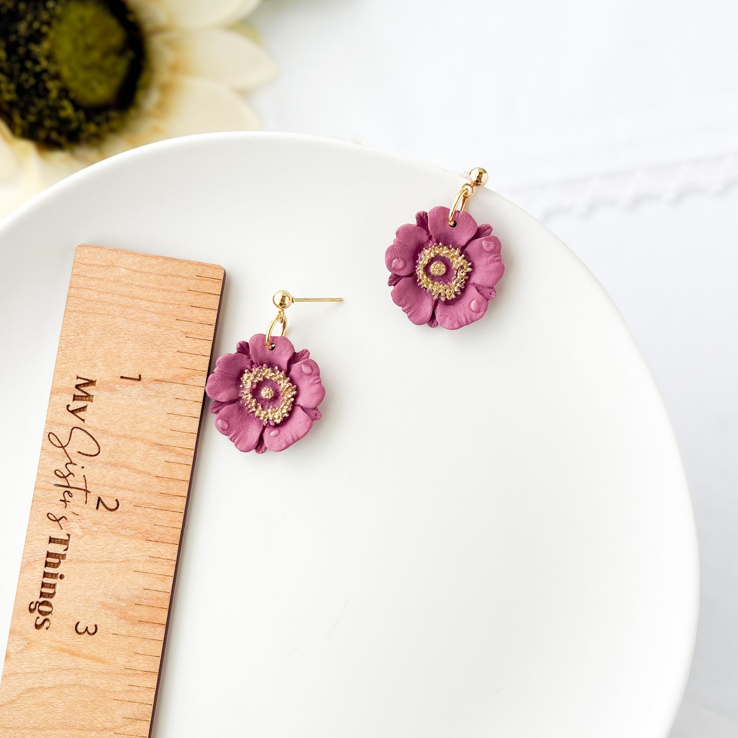 Dewey Mauve Flower Dangle Earrings, Lightweight Polymer Clay Flower Statement Earrings