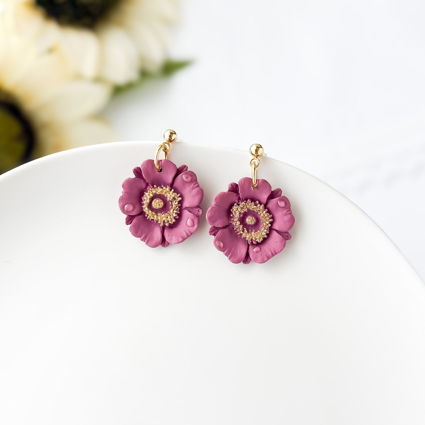 Dewey Mauve Flower Dangle Earrings, Lightweight Polymer Clay Flower Statement Earrings