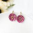 Pink floral earrings with gold centers on a white surface.