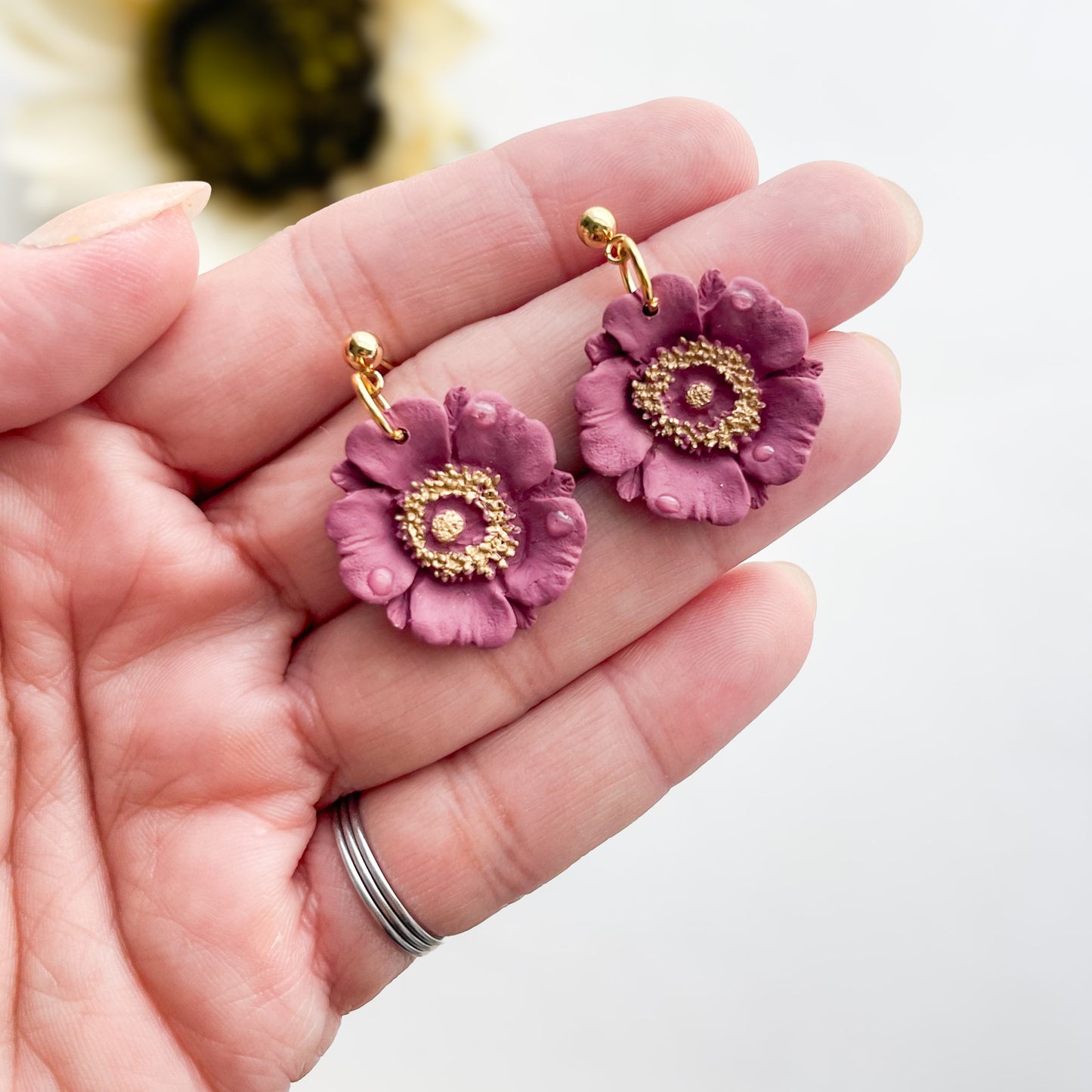 Dewey Mauve Flower Dangle Earrings, Lightweight Polymer Clay Flower Statement Earrings