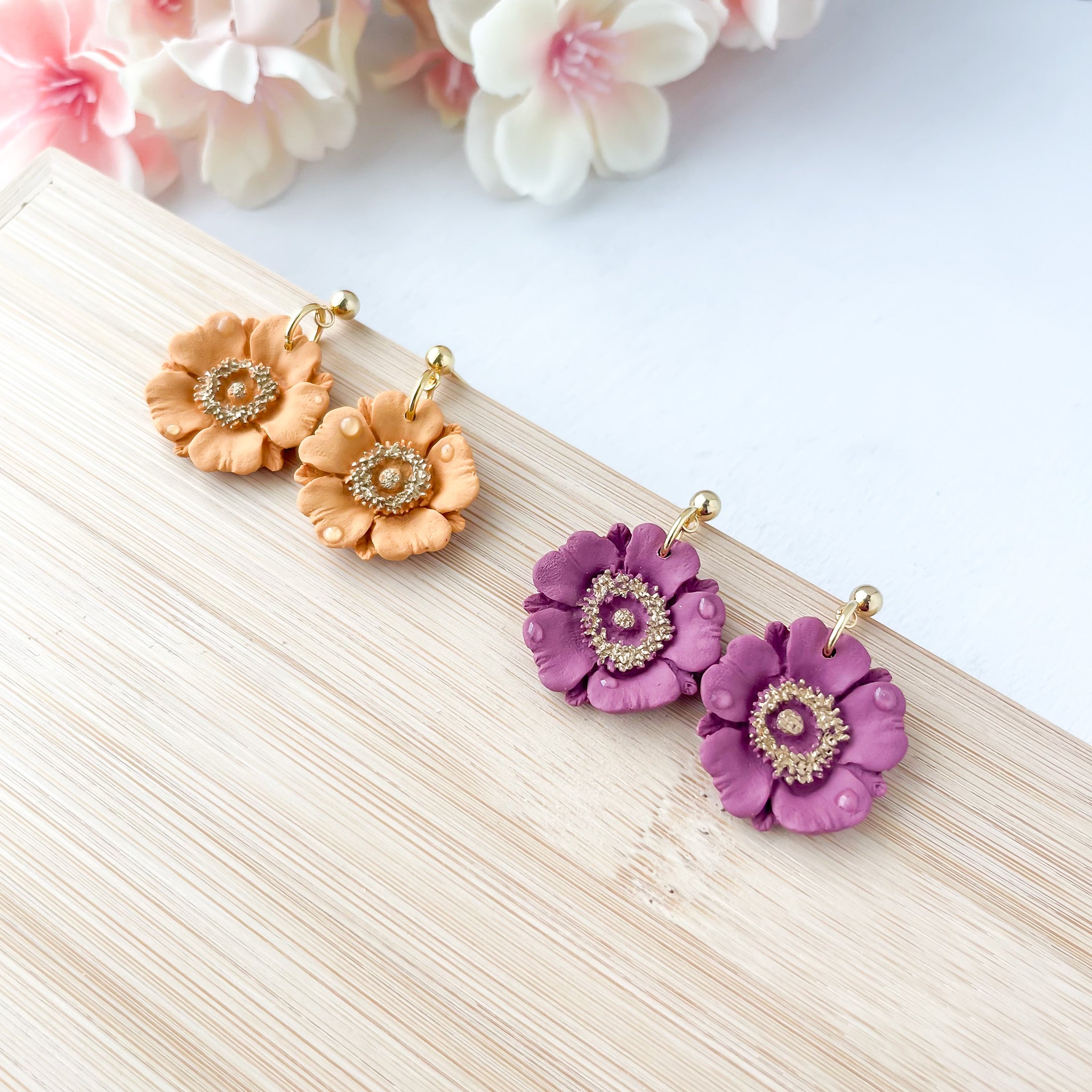 Dewey Mauve Flower Dangle Earrings, Lightweight Polymer Clay Flower Statement Earrings