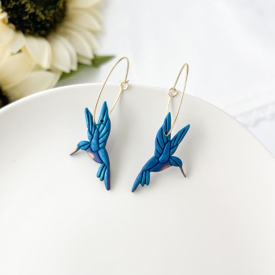 Humming Bird Dangle Hoop Earrings | Handmade Polymer Clay Jewelry | Whimsical Earrings Clip On