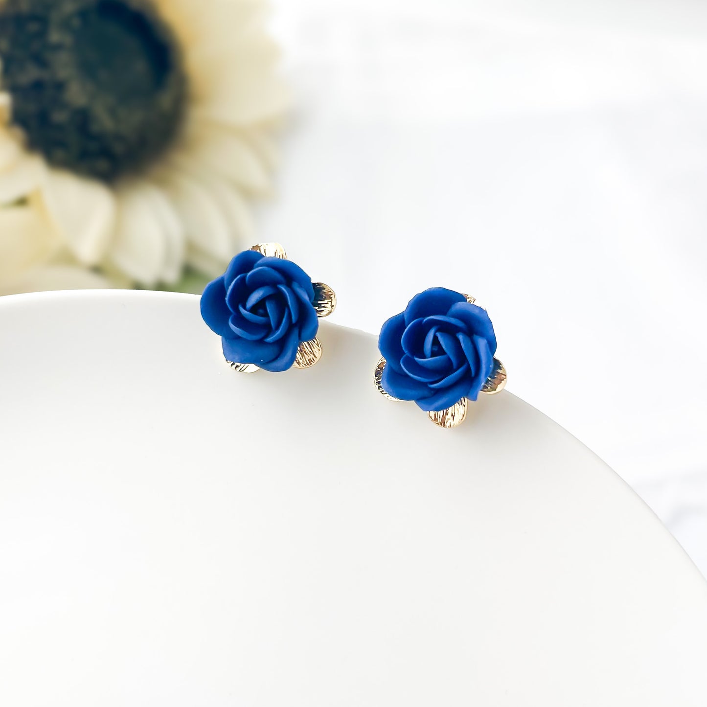 Navy Blue Rose Stud Earrings, Floral Polymer Clay Jewelry, Handmade Whimsical Earrings