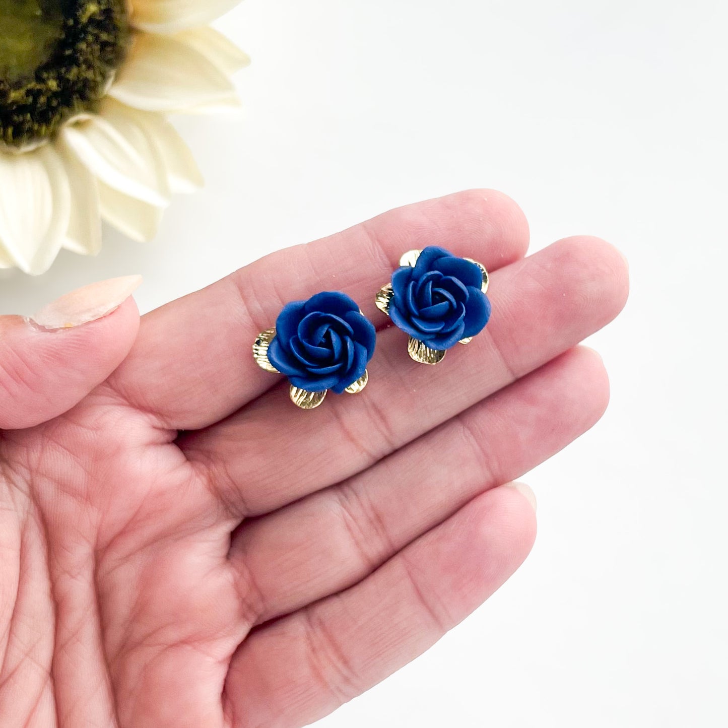 Navy Blue Rose Stud Earrings, Floral Polymer Clay Jewelry, Handmade Whimsical Earrings