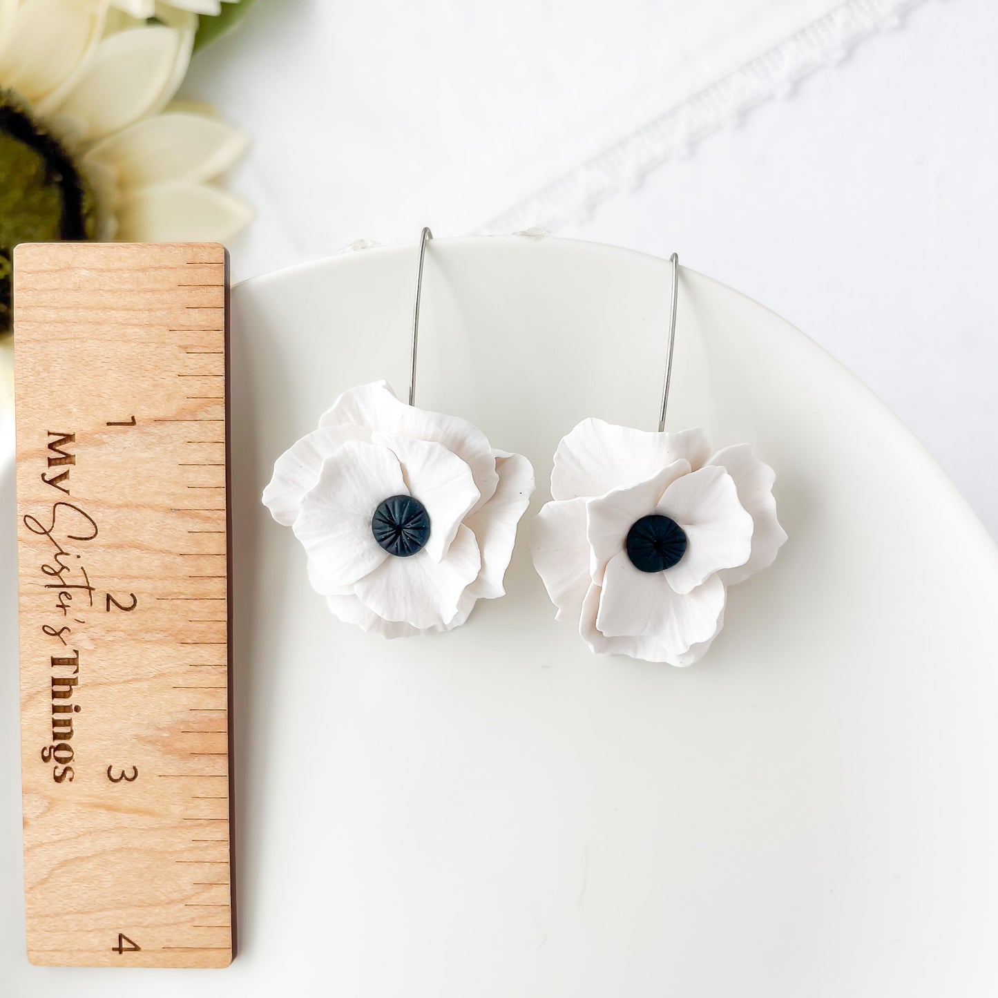 White Flower Drop Earrings, Lightweight Elegant Statement Jewelry, Boho Large Flower Chic Clay Earrings