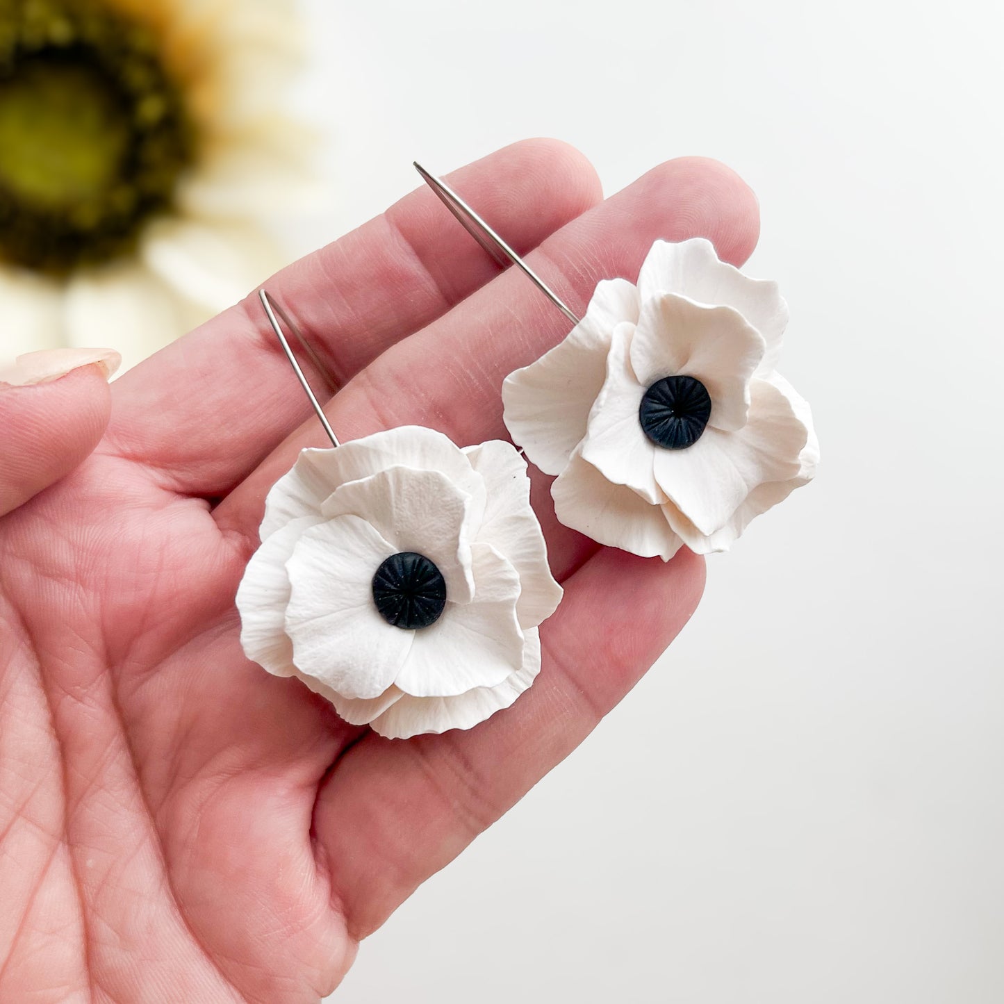 White Flower Drop Earrings, Lightweight Elegant Statement Jewelry, Boho Large Flower Chic Clay Earrings