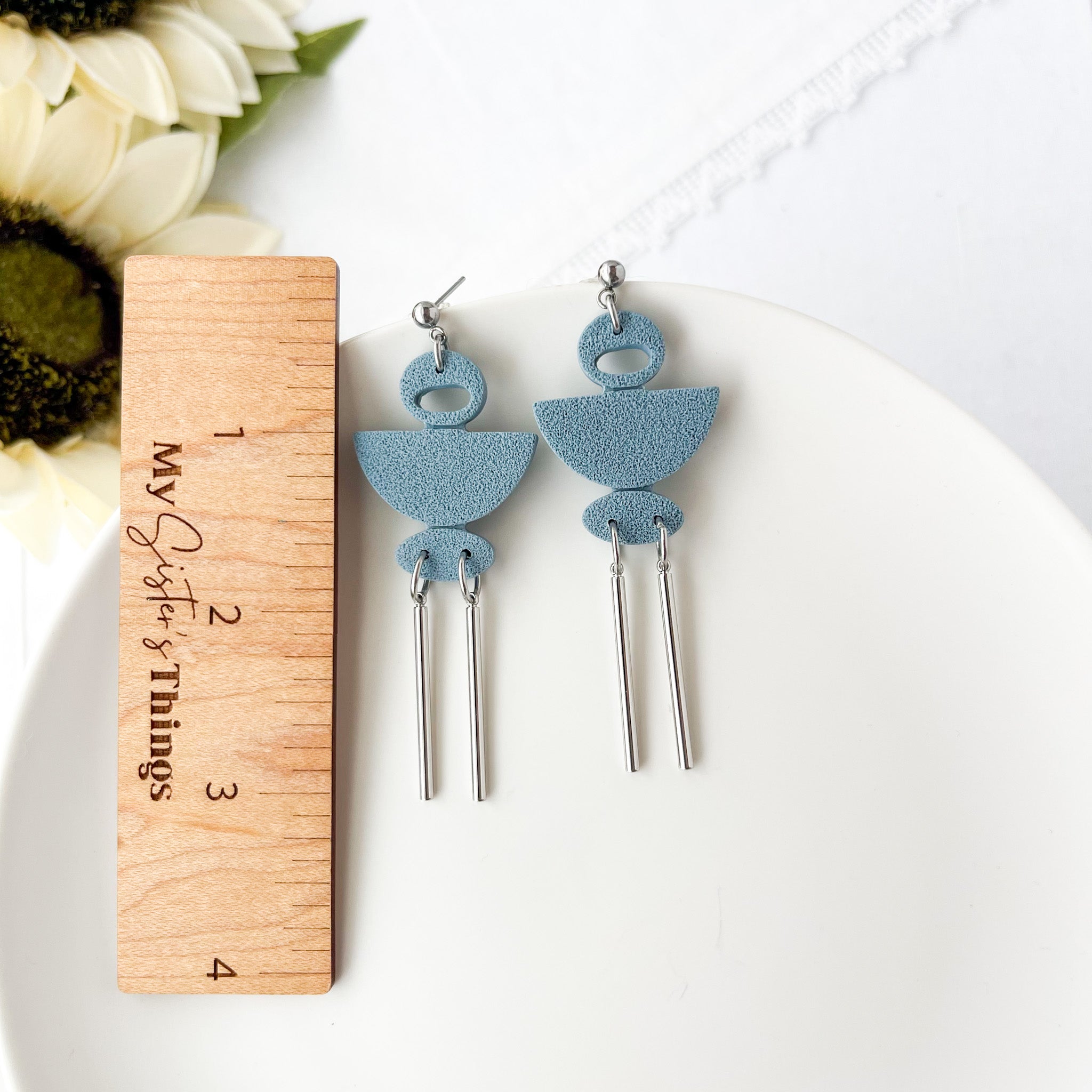 Slate Blue Unique Dangle Geometric Earrings | Lightweight Handmade Statement Jewelry | Polymer Clay Clip On Earrings