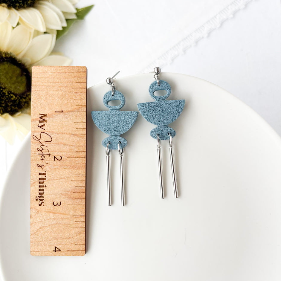 Slate Blue Unique Dangle Geometric Earrings | Lightweight Handmade Statement Jewelry | Polymer Clay Clip On Earrings