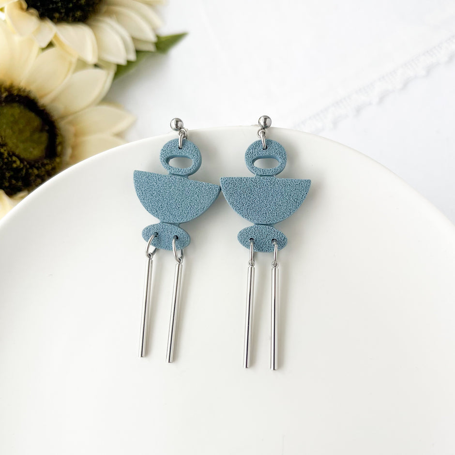 Slate Blue Unique Dangle Geometric Earrings | Lightweight Handmade Statement Jewelry | Polymer Clay Clip On Earrings