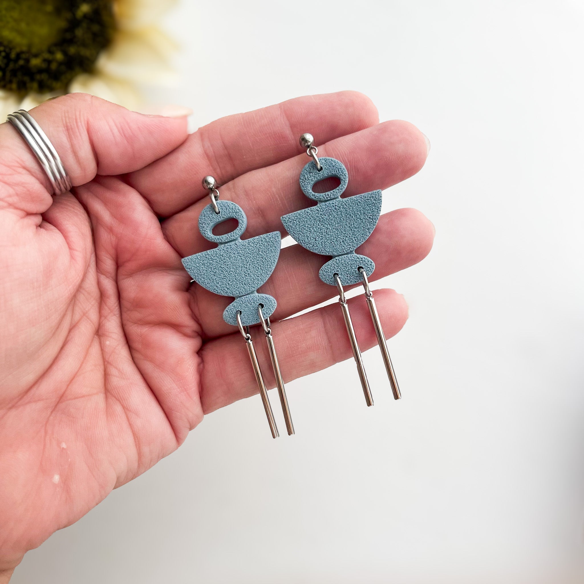 Slate Blue Unique Dangle Geometric Earrings | Lightweight Handmade Statement Jewelry | Polymer Clay Clip On Earrings