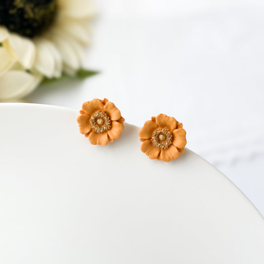 Dainty Yellow Flower Stud Earrings, Whimsical Polymer Clay Flower Jewelry, Cottagecore Polymer Clay Clip On