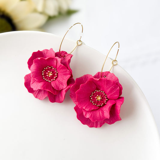 Hot Pink Flower Hoop Earrings, Lightweight Polymer Clay Large Flower Statement Earrings Gold