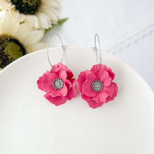 Hot Pink Flower Hoop Earrings, Lightweight Polymer Clay Large Flower Statement Earrings Silver
