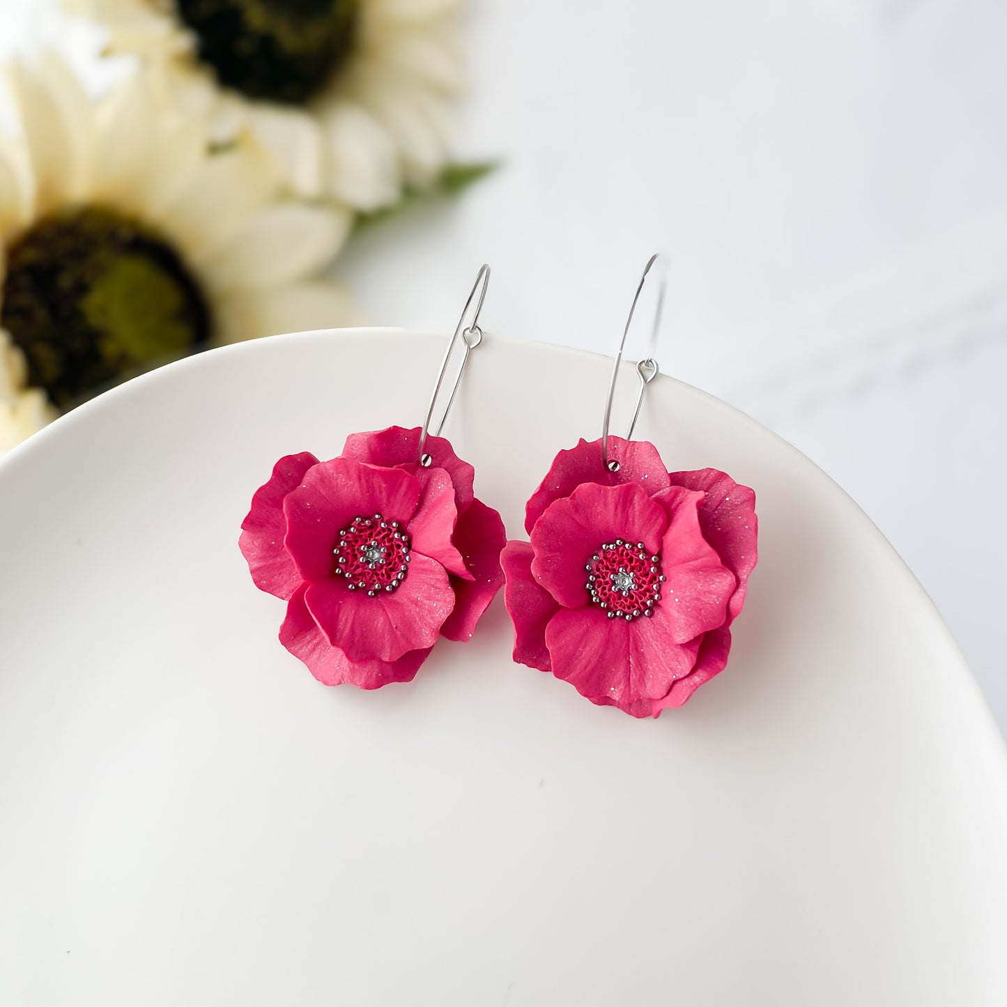Hot Pink Flower Hoop Earrings, Lightweight Polymer Clay Large Flower Statement Earrings Silver