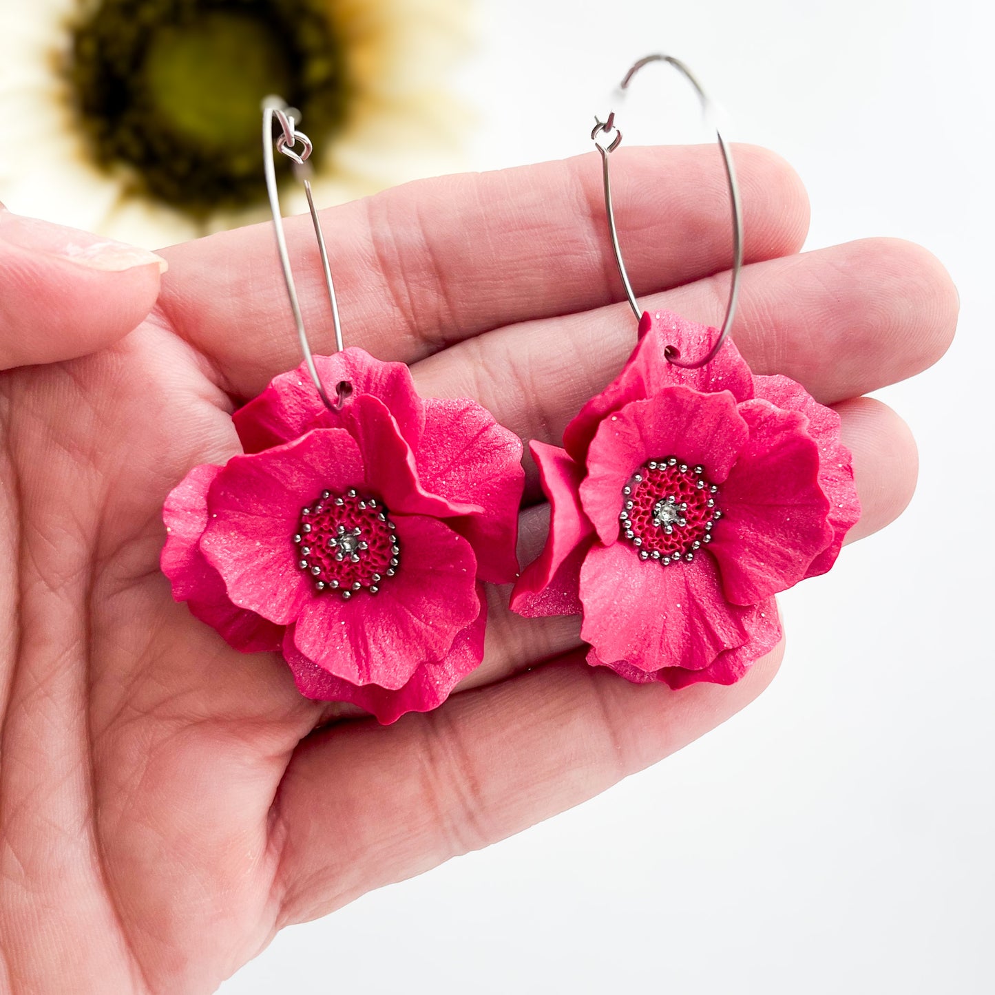 Hot Pink Flower Hoop Earrings, Lightweight Polymer Clay Large Flower Statement Earrings Silver
