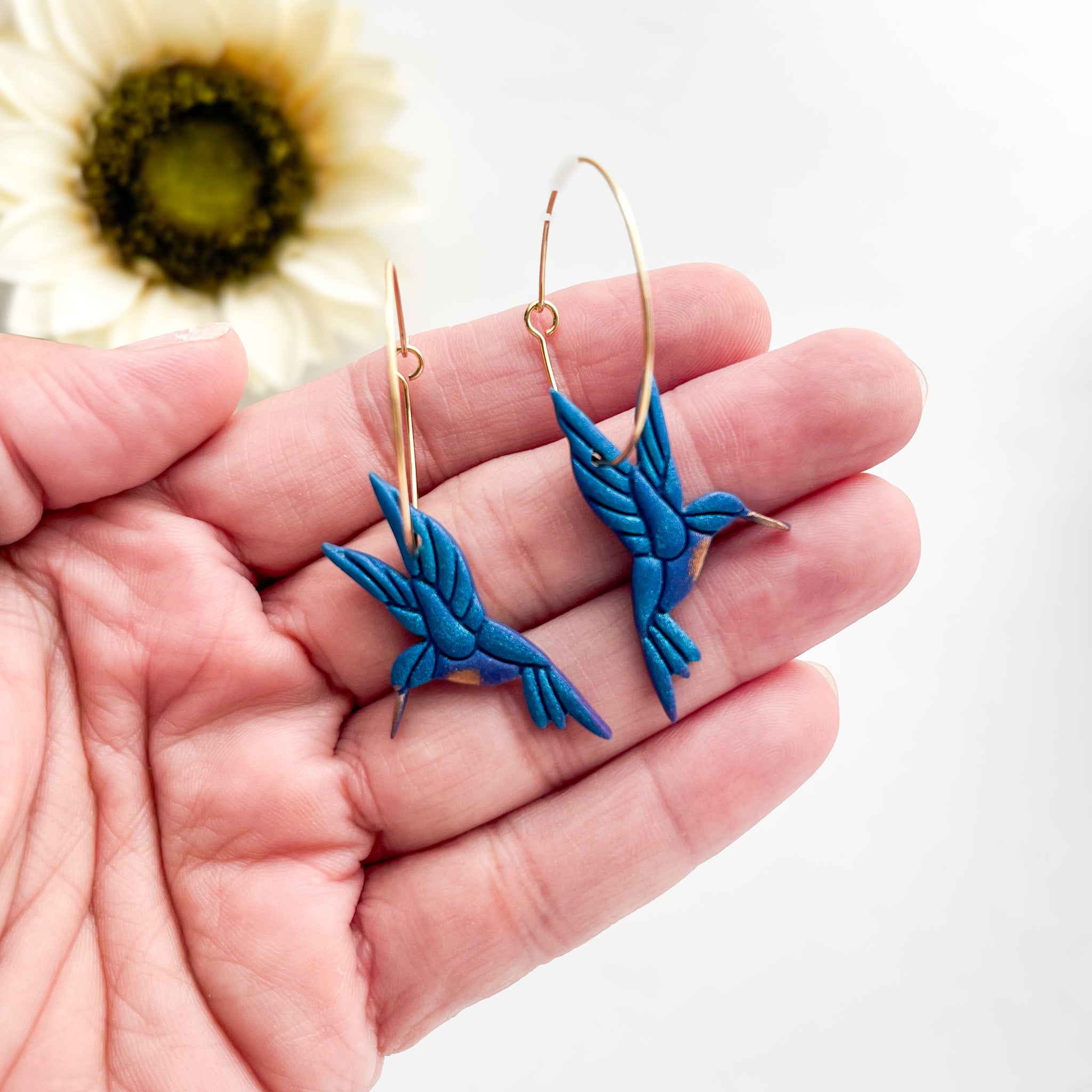 Humming Bird Dangle Hoop Earrings | Handmade Polymer Clay Jewelry | Whimsical Earrings Clip On