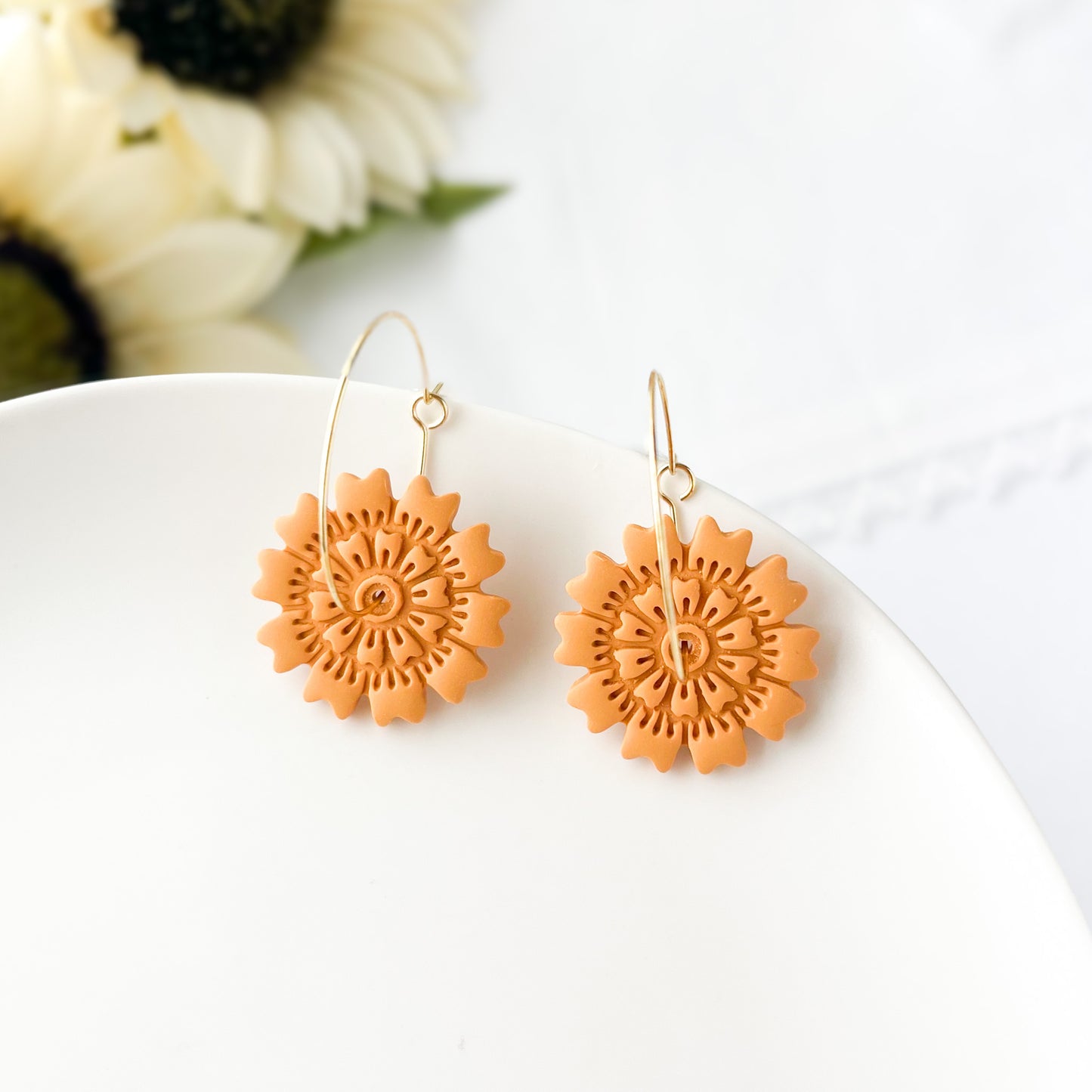 Marigold Yellow Imprinted Polymer Clay Hoops, Handmade Statement Earrings, Surgical Steel Hypoallergenic Jewelry