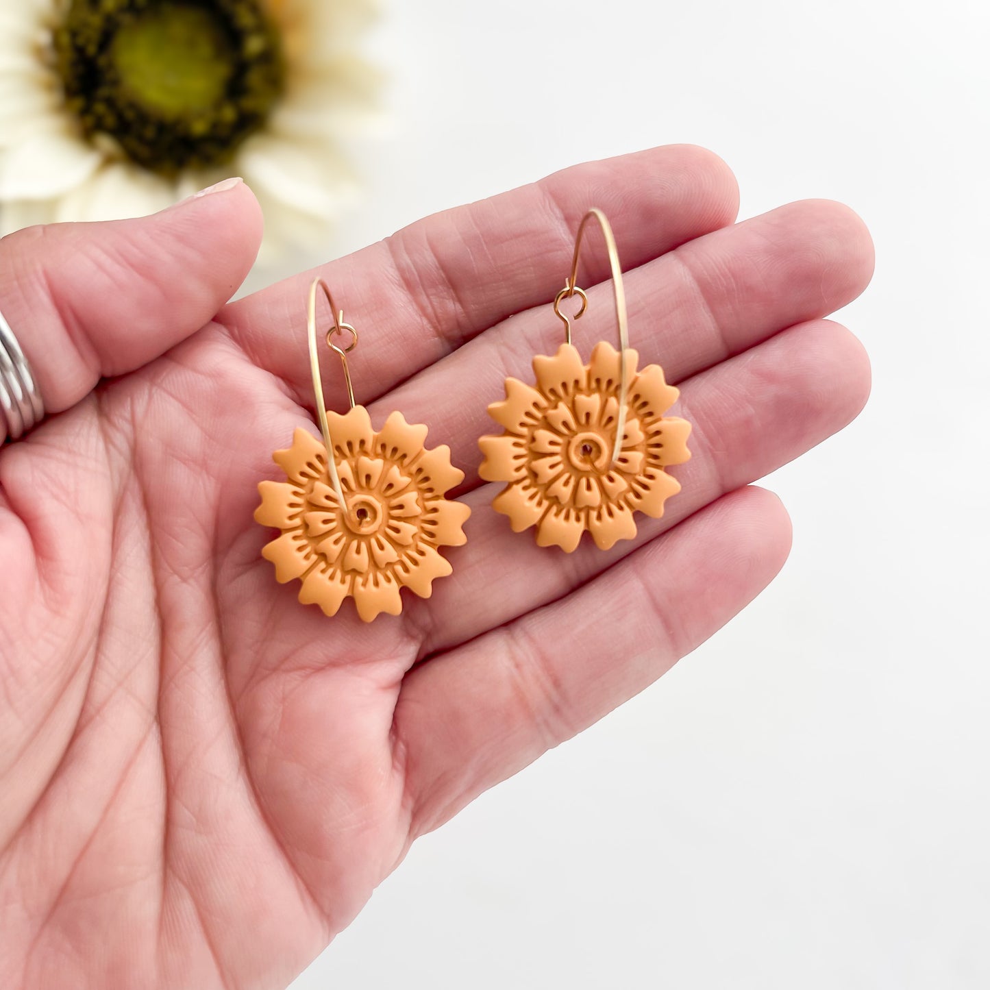Marigold Yellow Imprinted Polymer Clay Hoops, Handmade Statement Earrings, Surgical Steel Hypoallergenic Jewelry