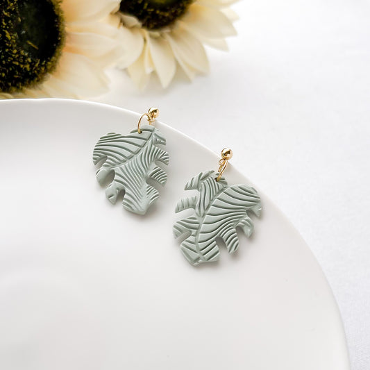 Edgy Handmade Monstera Leaf Earrings – Bold Sage Green Polymer Clay Statement Earrings | Boho Chic Jewelry