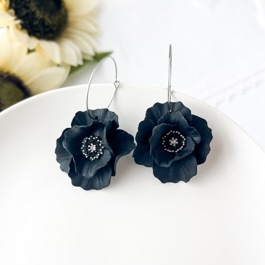 Black Flower Hoop Earrings, Lightweight Statement Jewelry, Polymer Clay Large Flower Earrings