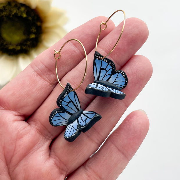 Blue Monarch Butterfly Hoop Earrings Gold | Whimsical Polymer Clay Jewelry | Handmade Butterfly Clip On Insect Earrings